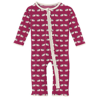 KicKee Pants Girls Print Muffin Ruffle Coverall with Zipper - Berry Cow 15ANV