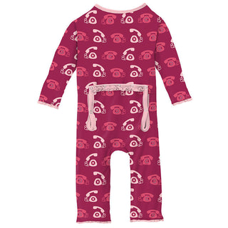 KicKee Pants Girls Print Muffin Ruffle Coverall with Zipper - Berry Telephone 15ANV