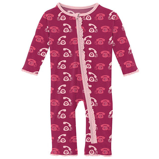 KicKee Pants Girls Print Muffin Ruffle Coverall with Zipper - Berry Telephone 15ANV