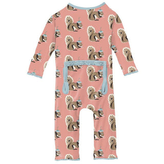 KicKee Pants Girls Print Muffin Ruffle Coverall with Zipper - Blush Squirrel with Flower Hat