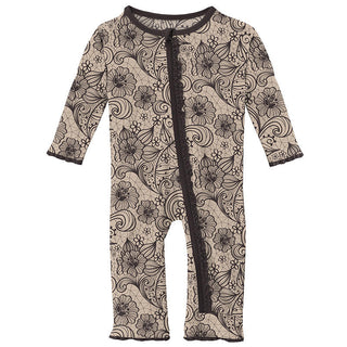 KicKee Pants Girls Print Muffin Ruffle Coverall with Zipper - Burlap Lace