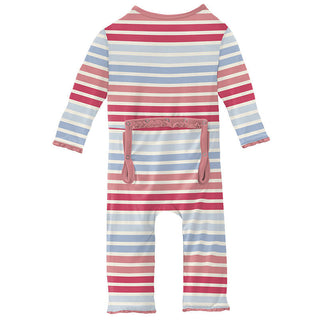 KicKee Pants Girls Print Muffin Ruffle Coverall with Zipper - Cotton Candy Stripe