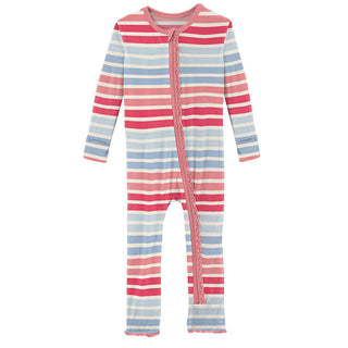 KicKee Pants Girls Print Muffin Ruffle Coverall with Zipper - Cotton Candy Stripe