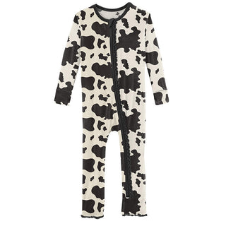 KicKee Pants Girls Print Muffin Ruffle Coverall with Zipper - Cow Print