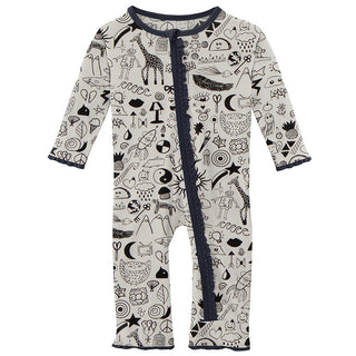 KicKee Pants Girls Print Muffin Ruffle Coverall with Zipper - Doodles