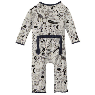 KicKee Pants Girls Print Muffin Ruffle Coverall with Zipper - Doodles