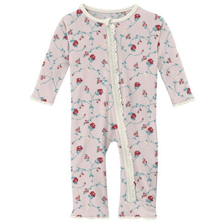KicKee Pants Girls Print Muffin Ruffle Coverall with Zipper - Macaroon Floral Vines