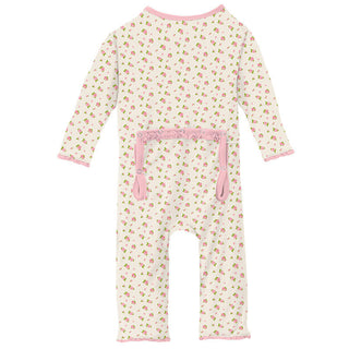KicKee Pants Girls Print Muffin Ruffle Coverall with Zipper - Natural Buds 15ANV