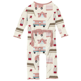 KicKee Pants Girls Print Muffin Ruffle Coverall with Zipper - Natural Camping
