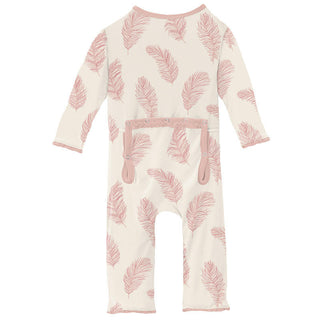 KicKee Pants Girls Print Muffin Ruffle Coverall with Zipper - Natural Feathers