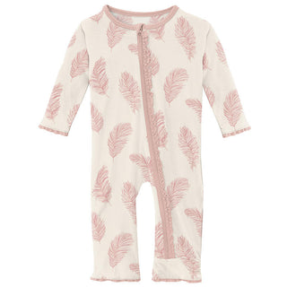KicKee Pants Girls Print Muffin Ruffle Coverall with Zipper - Natural Feathers