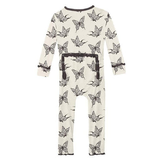 KicKee Pants Girls Print Muffin Ruffle Coverall with Zipper - Natural Swallowtail