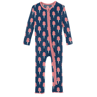 KicKee Pants Girls Print Muffin Ruffle Coverall with Zipper - Navy Cotton Candy