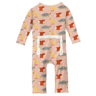 KicKee Pants Girls Print Muffin Ruffle Coverall with Zipper - Peach Blossom Class Pets
