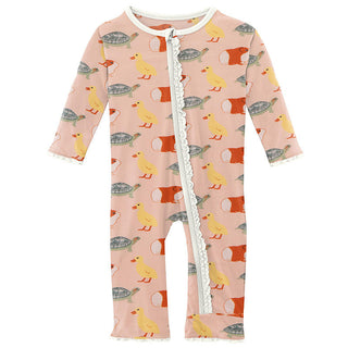 KicKee Pants Girls Print Muffin Ruffle Coverall with Zipper - Peach Blossom Class Pets