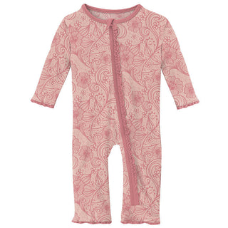 KicKee Pants Girls Print Muffin Ruffle Coverall with Zipper - Peach Blossom Lace