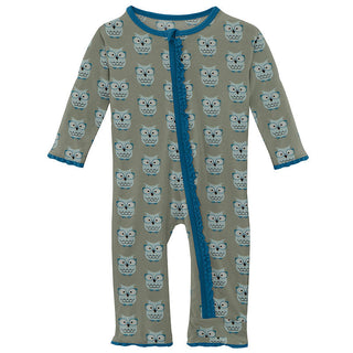KicKee Pants Girls Print Muffin Ruffle Coverall with Zipper - Silver Sage Wise Owls