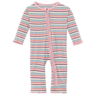 KicKee Pants Girls Print Muffin Ruffle Coverall with Zipper - Spring Bloom Stripe
