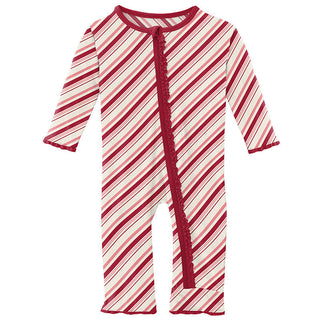 KicKee Pants Girls Print Muffin Ruffle Coverall with Zipper - Strawberry Candy Cane Stripe