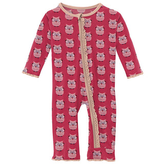 KicKee Pants Girls Print Muffin Ruffle Coverall with Zipper - Taffy Wise Owls
