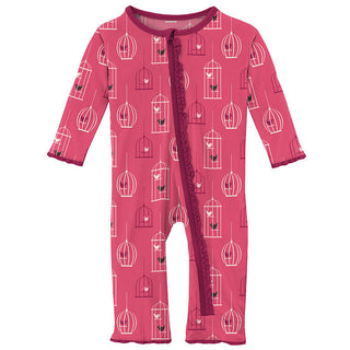 KicKee Pants Girls Print Muffin Ruffle Coverall with Zipper - Winter Rose Birdcage 15ANV