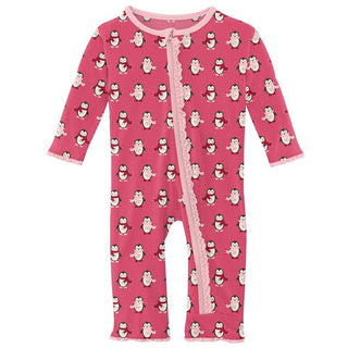 KicKee Pants Girls Print Muffin Ruffle Coverall with Zipper - Winter Rose Penguins WCA22