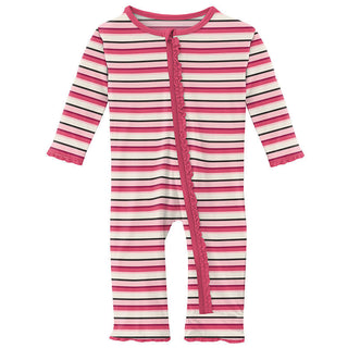 KicKee Pants Girls Print Muffin Ruffle Coverall with Zipper - Winter Rose Stripe 15ANV