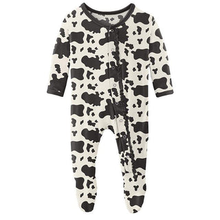 Girl's Print Bamboo Muffin Ruffle Footie with Snaps - Cow Print Baby & Toddler Sleepwear