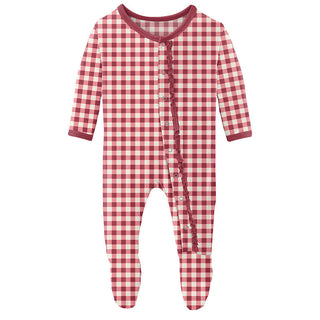 KicKee Pants Girls Print Muffin Ruffle Footie with Snaps - Wild Strawberry Gingham