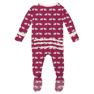 KicKee Pants Girls Print Muffin Ruffle Footie with Zipper - Berry Cow 15ANV