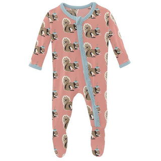 KicKee Pants Girls Print Muffin Ruffle Footie with Zipper - Blush Squirrel with Flower Hat