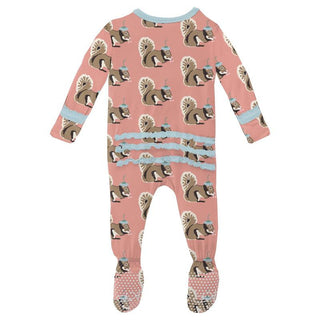 KicKee Pants Girls Print Muffin Ruffle Footie with Zipper - Blush Squirrel with Flower Hat