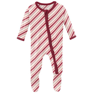 KicKee Pants Girls Print Muffin Ruffle Footie with Zipper - Strawberry Candy Cane Stripe