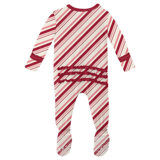 KicKee Pants Girls Print Muffin Ruffle Footie with Zipper - Strawberry Candy Cane Stripe