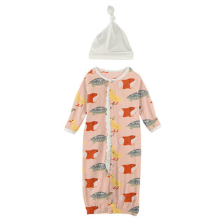 KicKee Pants Girls Print Ruffle Layette Gown Converter and Single Knot Hat Set - Peach Blossom Class Pets