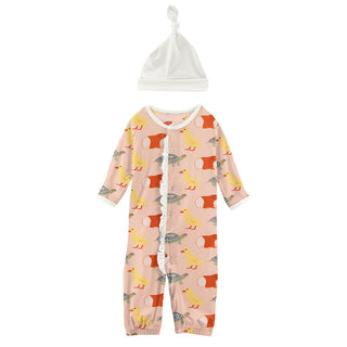 KicKee Pants Girls Print Ruffle Layette Gown Converter and Single Knot Hat Set - Peach Blossom Class Pets