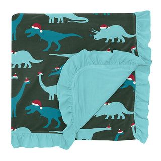 KicKee Pants Girls Print Ruffle Toddler Blanket, Santa Dinos - One Size
