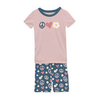 KicKee Pants Girl's Print Short Sleeve Graphic Tee Pajama Set with Shorts - Peace, Love and Happiness