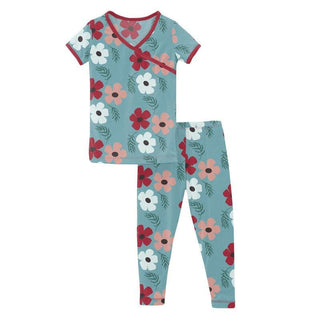 Girl's Print Bamboo Short Sleeve Kimono Pajama Set - Glacier Wildflowers KicKee Pants Size: 10 Kids