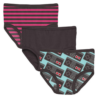 KicKee Pants Girl's Print Underwear (Set of 3) - Awesome Stripe, Midnight & Summer Sky Retro Game Controller