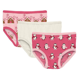 KicKee Pants Girls Print Underwear Set of 3 - Lotus Gingerbread, Natural and Winter Rose Penguins WCA22