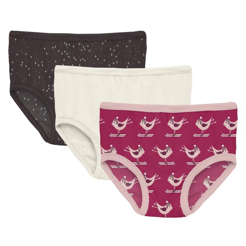 Girl's Print Bamboo Underwear (Set of 3) - Midnight Foil Constellations,  Natural & Berry Ski Birds