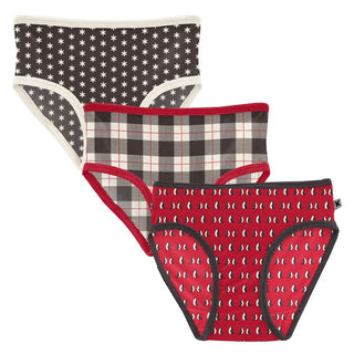 KicKee Pants Girls Print Underwear Set of 3 - Tiny Snowflakes, Holiday Plaid and Crimson Penguins