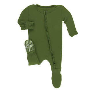 KicKee Pants Girl's Solid Bamboo Classic Ruffle Footie with Zipper - Moss 