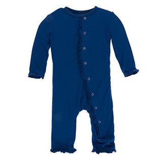 KicKee Pants Girl's Solid Classic Ruffle Coverall with Snaps - Navy