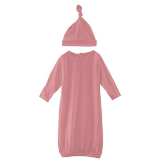 KicKee Pants Girls Solid Layette Gown and Single Knot Hat Set - Strawberry TBD22