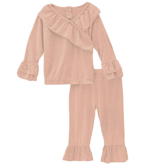 KicKee Pants Girls Solid Long Sleeve Kimono Ruffle Outfit Set - Peach Blossom
