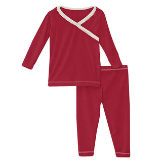 KicKee Pants Girls Solid Long Sleeve Scallop Kimono Pajama Set - Crimson with Natural