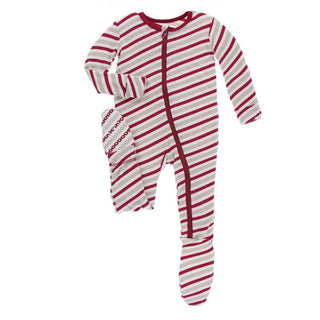 KicKee Pants Holiday Footie with Zipper - Rose Gold Candy Cane Stripe