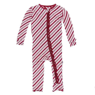 KicKee Pants Holiday Muffin Ruffle Coverall with Zipper - Crimson Candy Cane Stripe